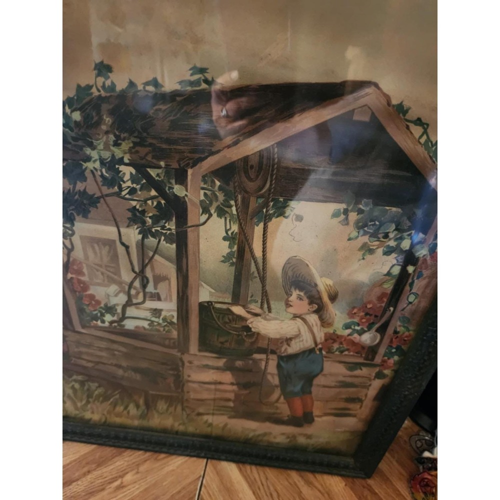 Antique Wood Framed Victorian Lithograph Print "OLD OAKEN BUCKET" Boy at Well - Picture 6 of 9